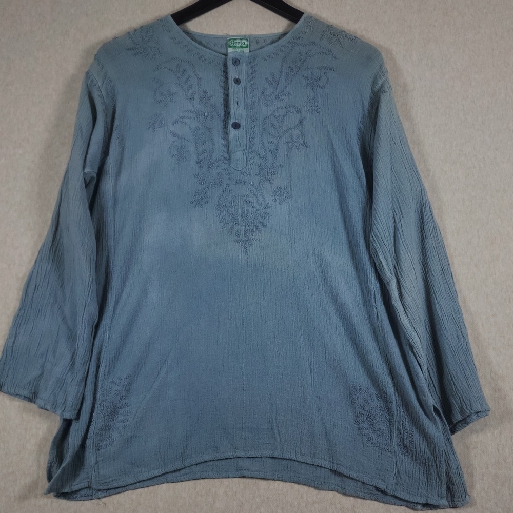 Boho Embroidered Kurta Tunic Top Womens Free Size Blue Gauze Cotton Henley